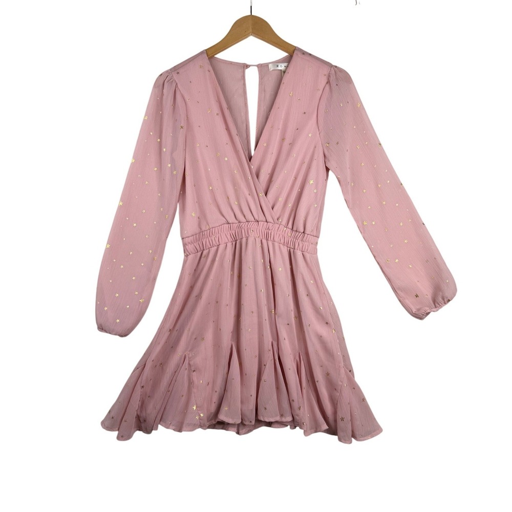 Row A Star Print Long Sleeve Chiffon Dress size Small Pink